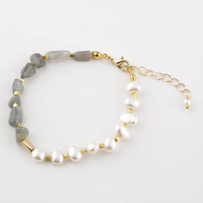 İnci-Labradorit Altın Kaplama Kapama Doğal Taş Bileklik - Osmanlı Doğaltaş