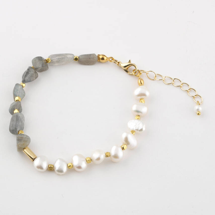 İnci-Labradorit Altın Kaplama Kapama Doğal Taş Bileklik - 1