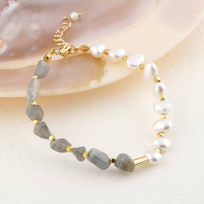 İnci-Labradorit Altın Kaplama Kapama Doğal Taş Bileklik - 2