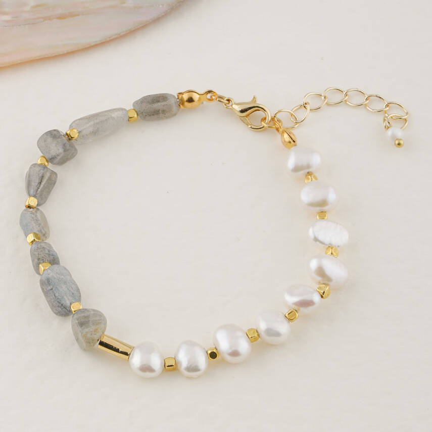 İnci-Labradorit Altın Kaplama Kapama Doğal Taş Bileklik - 3