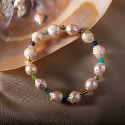 İnci-Lapis Lazuli-Amazonit-Yeşim Doğal Taş Gümüş Bileklik - Osmanlı Doğaltaş