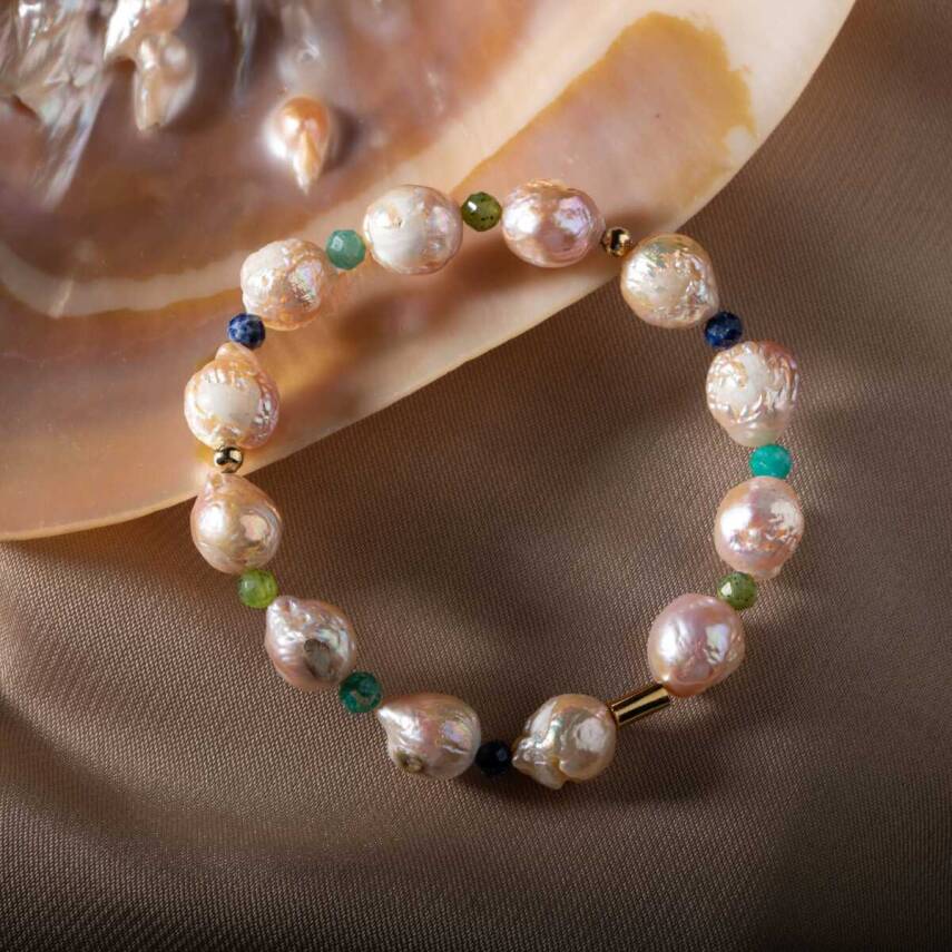 İnci-Lapis Lazuli-Amazonit-Yeşim Doğal Taş Gümüş Bileklik - 1