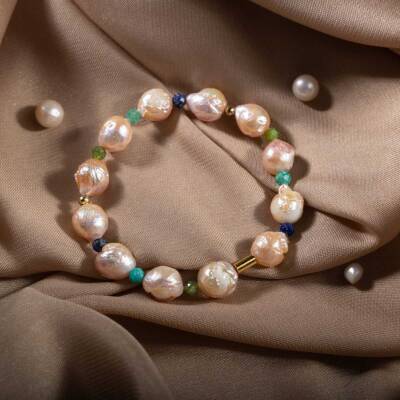 İnci-Lapis Lazuli-Amazonit-Yeşim Doğal Taş Gümüş Bileklik - 2