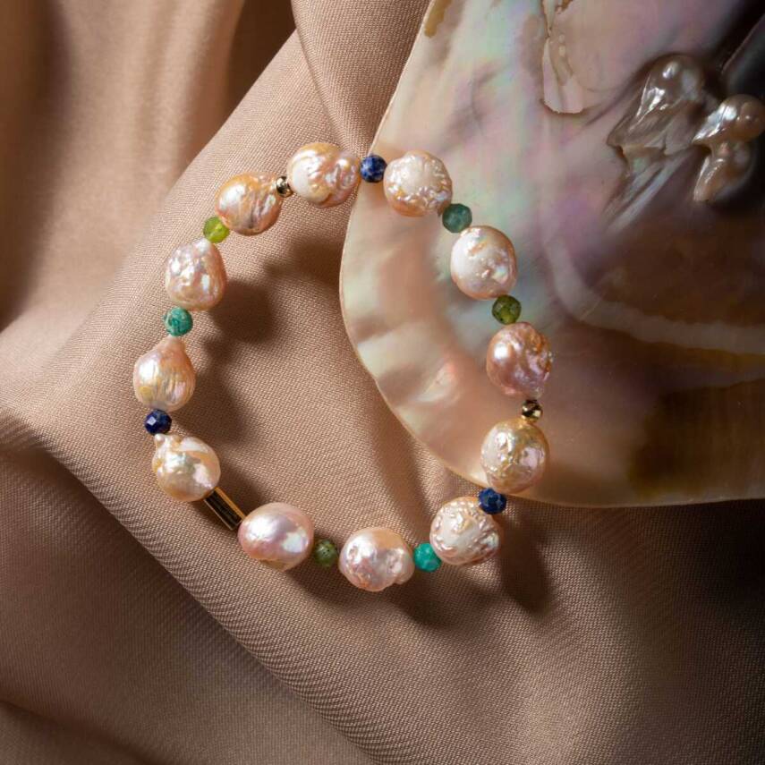 İnci-Lapis Lazuli-Amazonit-Yeşim Doğal Taş Gümüş Bileklik - 4