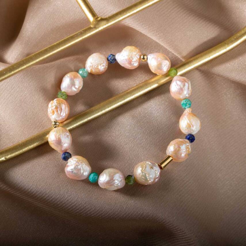 İnci-Lapis Lazuli-Amazonit-Yeşim Doğal Taş Gümüş Bileklik - 5