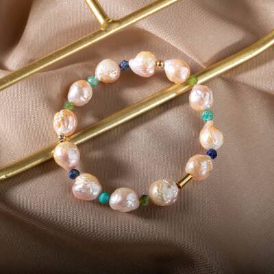 İnci-Lapis Lazuli-Amazonit-Yeşim Doğal Taş Gümüş Bileklik - 2