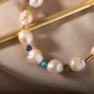 İnci-Lapis Lazuli-Amazonit-Yeşim Doğal Taş Gümüş Bileklik - 5