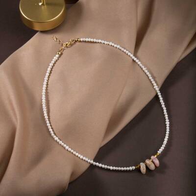 İnci-Pembe Opal Doğal Taş Gümüş Kolye - Osmanlı Doğaltaş