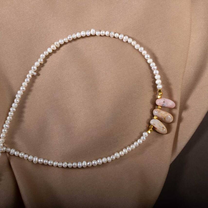 İnci-Pembe Opal Doğal Taş Gümüş Kolye - 4