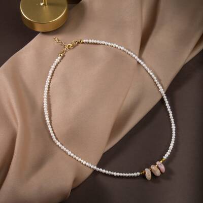 İnci-Pembe Opal Doğal Taş Gümüş Kolye - 2