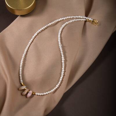 İnci-Pembe Opal Doğal Taş Gümüş Kolye - 3