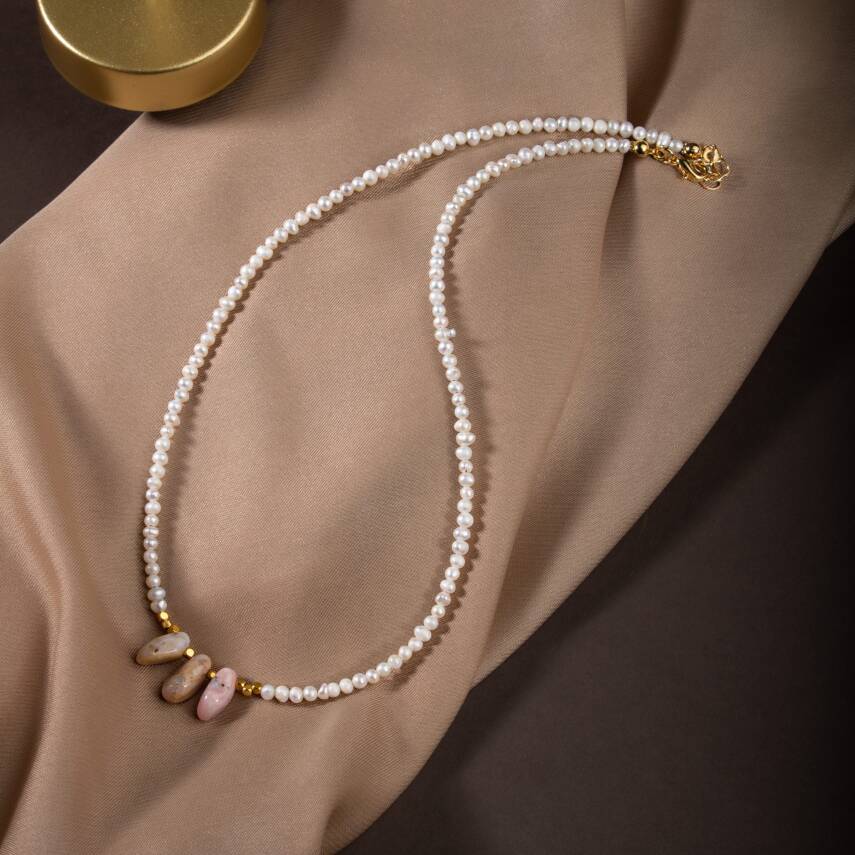 İnci-Pembe Opal Doğal Taş Gümüş Kolye - 3