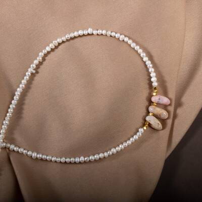 İnci-Pembe Opal Doğal Taş Gümüş Kolye - 4