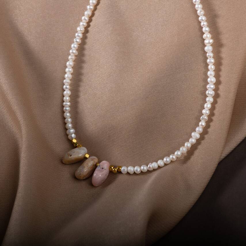 İnci-Pembe Opal Doğal Taş Gümüş Kolye - 5