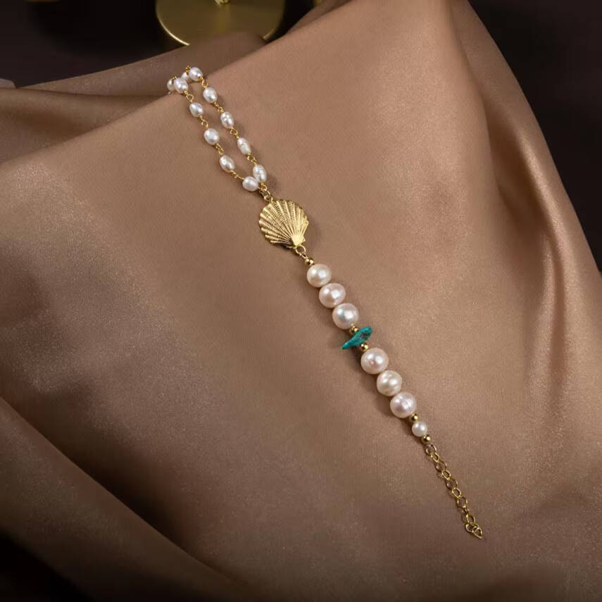 İnci-Turkuaz Doğal Taş Gümüş Midye Bileklik - 2