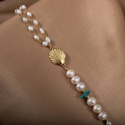 İnci-Turkuaz Doğal Taş Gümüş Midye Bileklik - 2