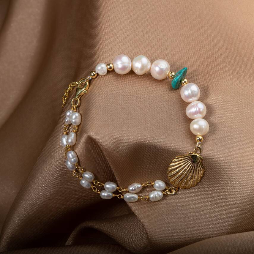 İnci-Turkuaz Doğal Taş Gümüş Midye Bileklik - 3