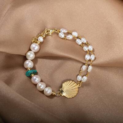 İnci-Turkuaz Doğal Taş Gümüş Midye Bileklik - 5