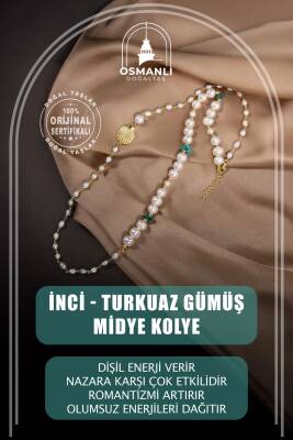 İnci-Turkuaz Doğal Taş Gümüş Midye Kolye - Osmanlı Doğaltaş