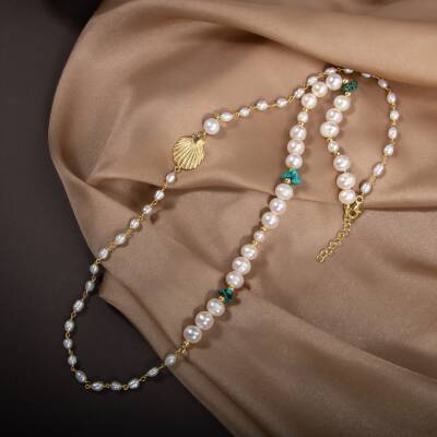 İnci-Turkuaz Doğal Taş Gümüş Midye Kolye - 2