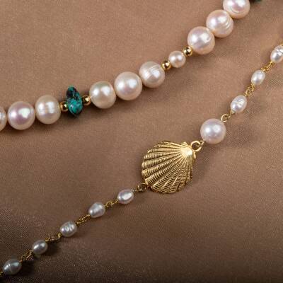 İnci-Turkuaz Doğal Taş Gümüş Midye Kolye - 3