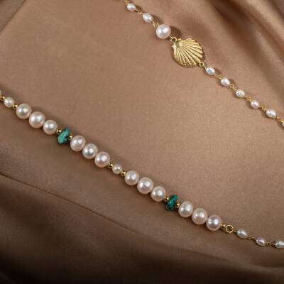 İnci-Turkuaz Doğal Taş Gümüş Midye Kolye - 5