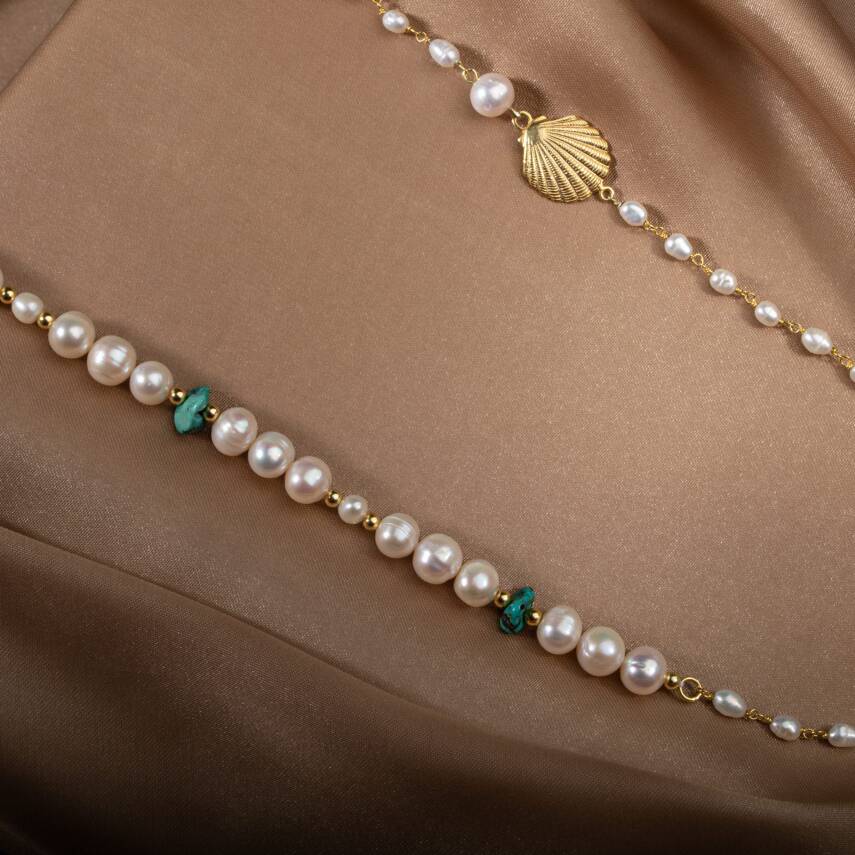 İnci-Turkuaz Doğal Taş Gümüş Midye Kolye - 5