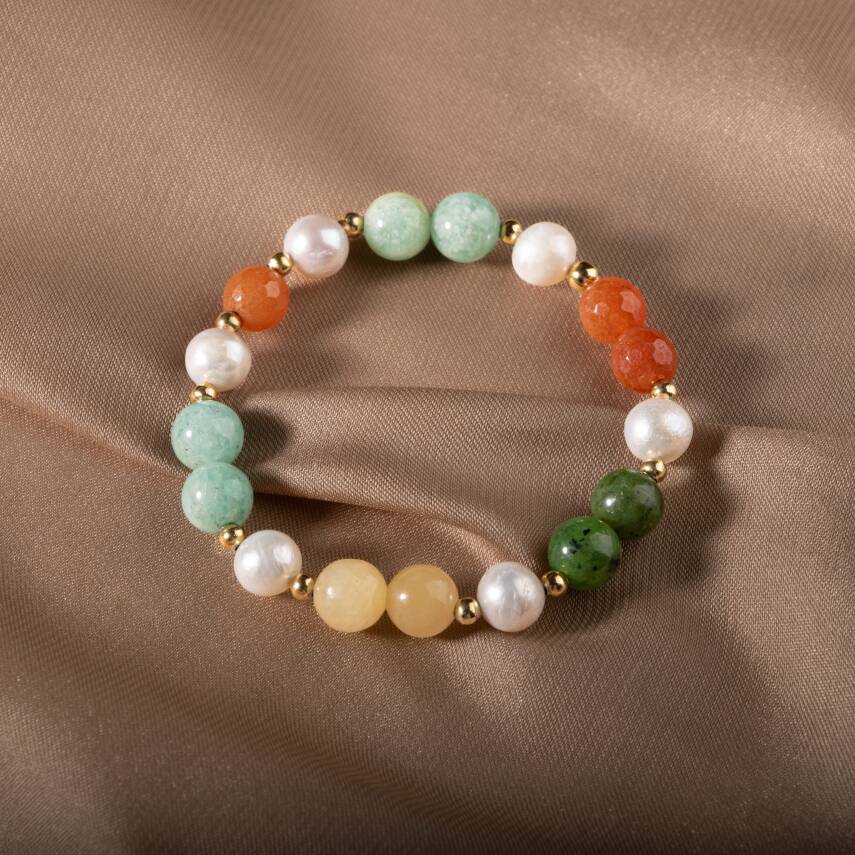 İnci-Turuncu Aventurin-Amazonit-Yeşim-Kalsit Doğal Taş Gümüş Bileklik - 1