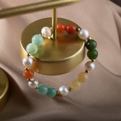 İnci-Turuncu Aventurin-Amazonit-Yeşim-Kalsit Doğal Taş Gümüş Bileklik - 2
