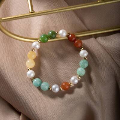 İnci-Turuncu Aventurin-Amazonit-Yeşim-Kalsit Doğal Taş Gümüş Bileklik - 3