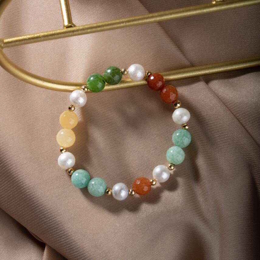 İnci-Turuncu Aventurin-Amazonit-Yeşim-Kalsit Doğal Taş Gümüş Bileklik - 3