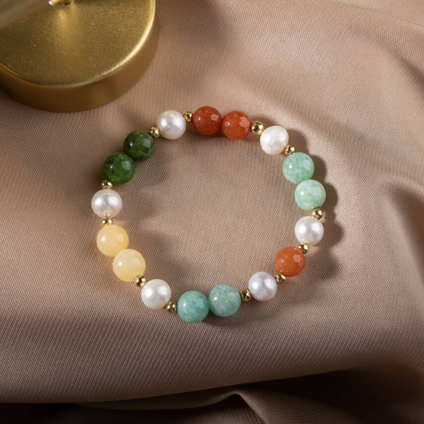 İnci-Turuncu Aventurin-Amazonit-Yeşim-Kalsit Doğal Taş Gümüş Bileklik - 4