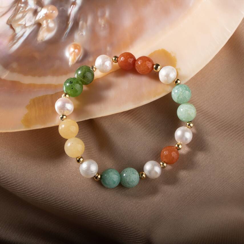 İnci-Turuncu Aventurin-Amazonit-Yeşim-Kalsit Doğal Taş Gümüş Bileklik - 5