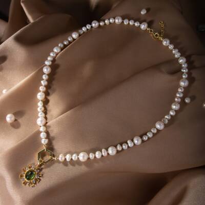 İnci-Zebercet Doğal Taş Gümüş Kolye - 2