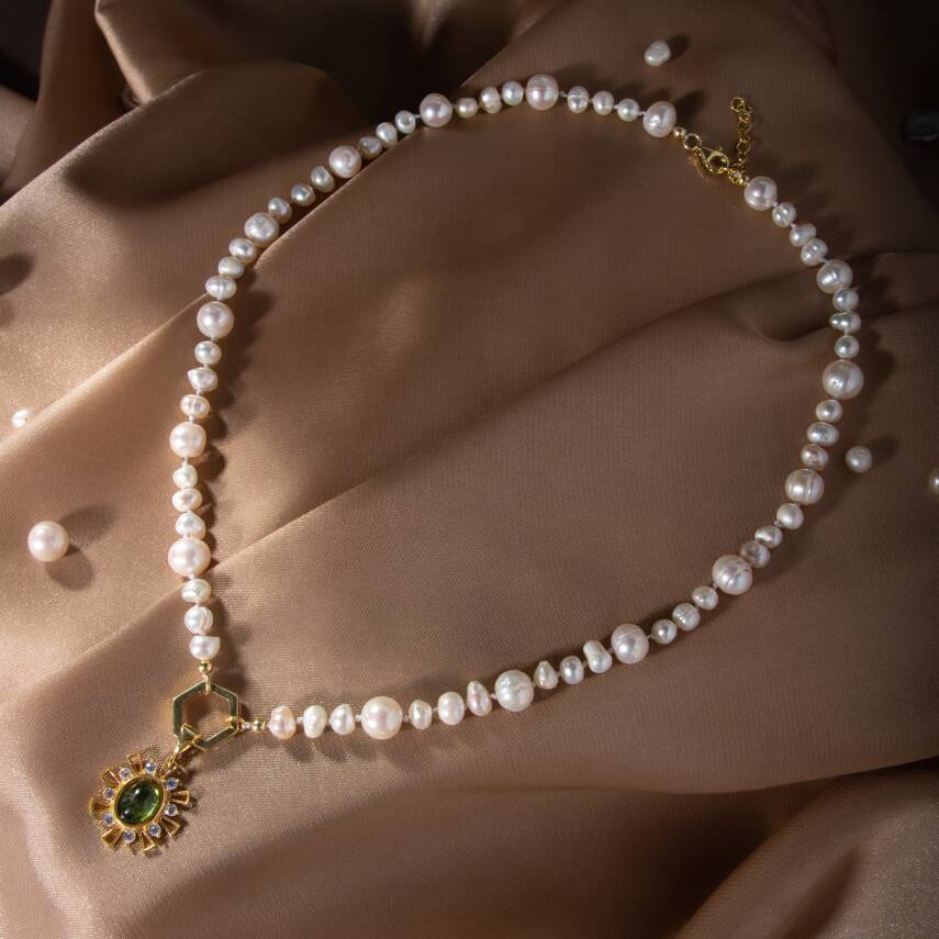 İnci-Zebercet Doğal Taş Gümüş Kolye - 2