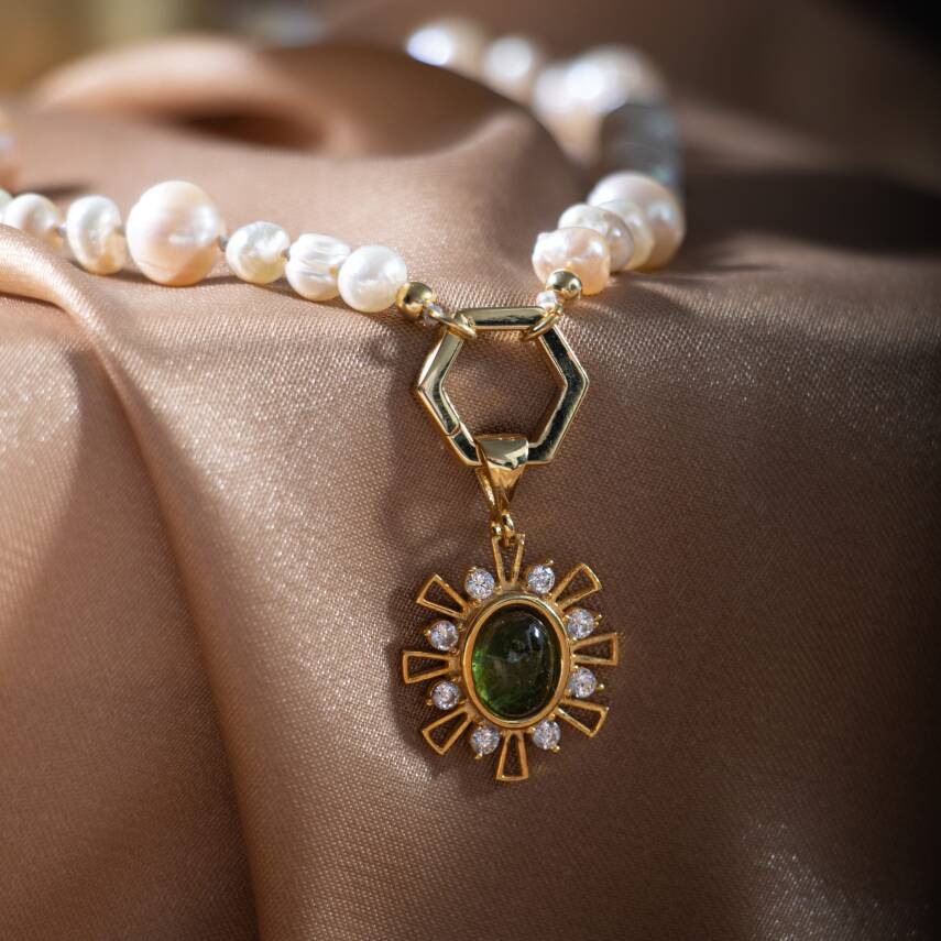 İnci-Zebercet Doğal Taş Gümüş Kolye - 3