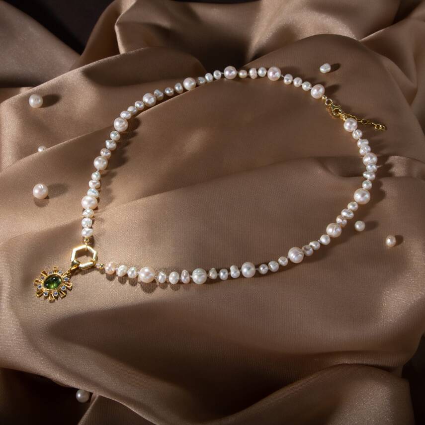 İnci-Zebercet Doğal Taş Gümüş Kolye - 4