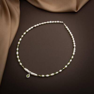 İnci-Zebercet Peridot Doğal Taş Gümüş Tasarım Kolye - 54cm - Osmanlı Doğaltaş