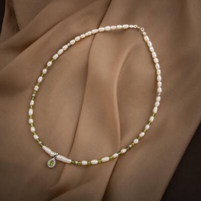İnci-Zebercet Peridot Doğal Taş Gümüş Tasarım Kolye - 54cm - 2