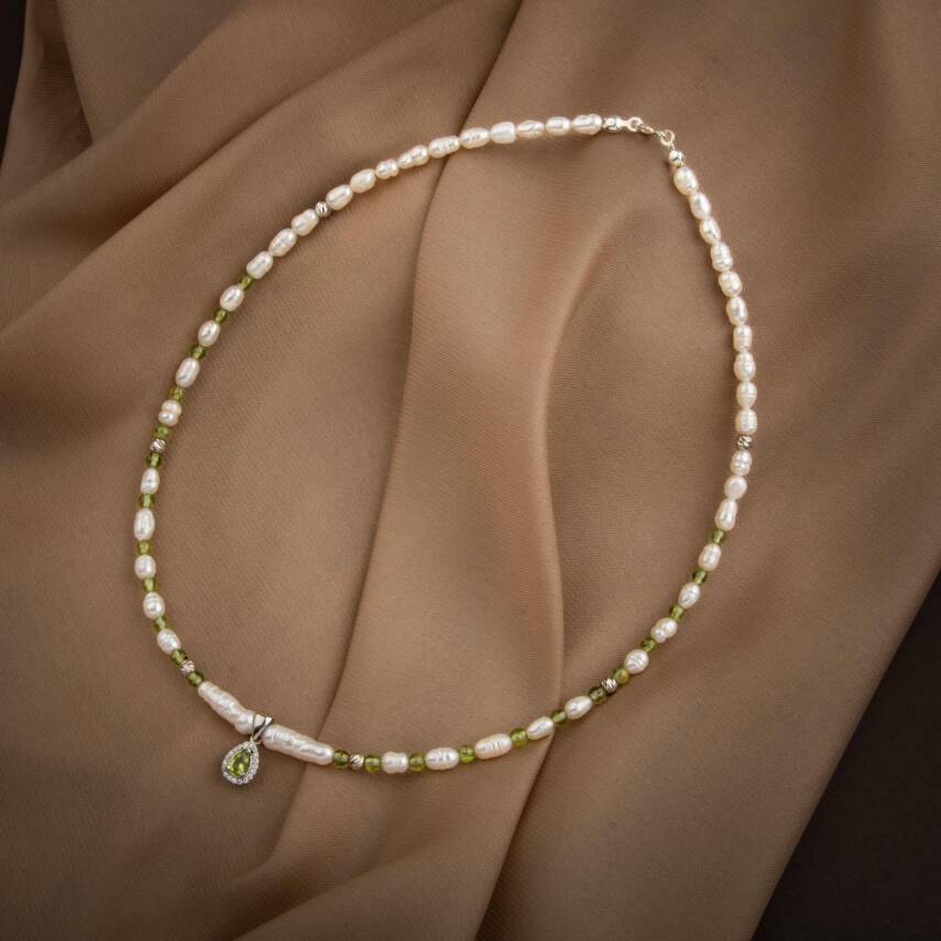 İnci-Zebercet Peridot Doğal Taş Gümüş Tasarım Kolye - 54cm - 2