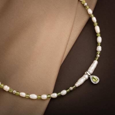 İnci-Zebercet Peridot Doğal Taş Gümüş Tasarım Kolye - 54cm - 3