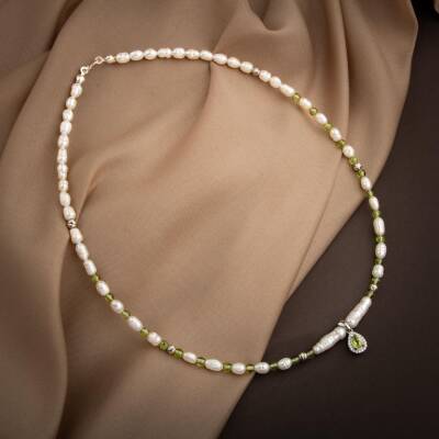 İnci-Zebercet Peridot Doğal Taş Gümüş Tasarım Kolye - 54cm - 4