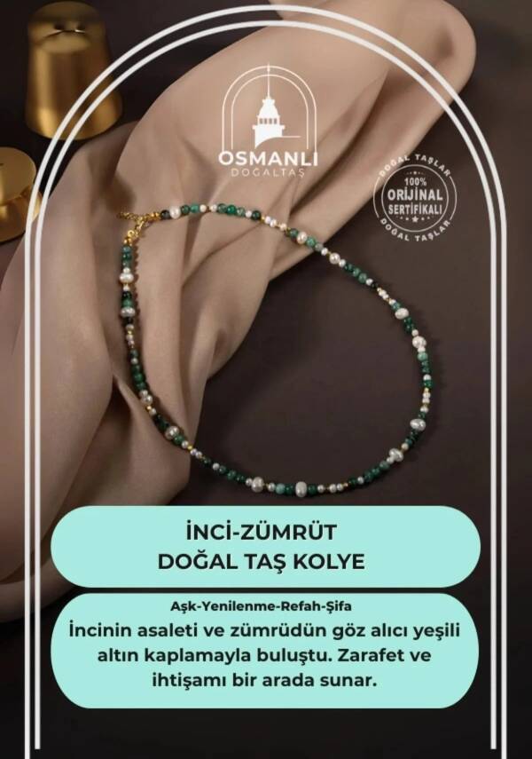 İnci-Zümrüt Doğal Taş Altın Kaplama Kapama Kolye - 1