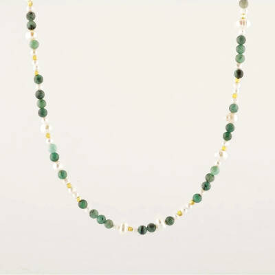 İnci-Zümrüt Doğal Taş Altın Kaplama Kapama Kolye - 2