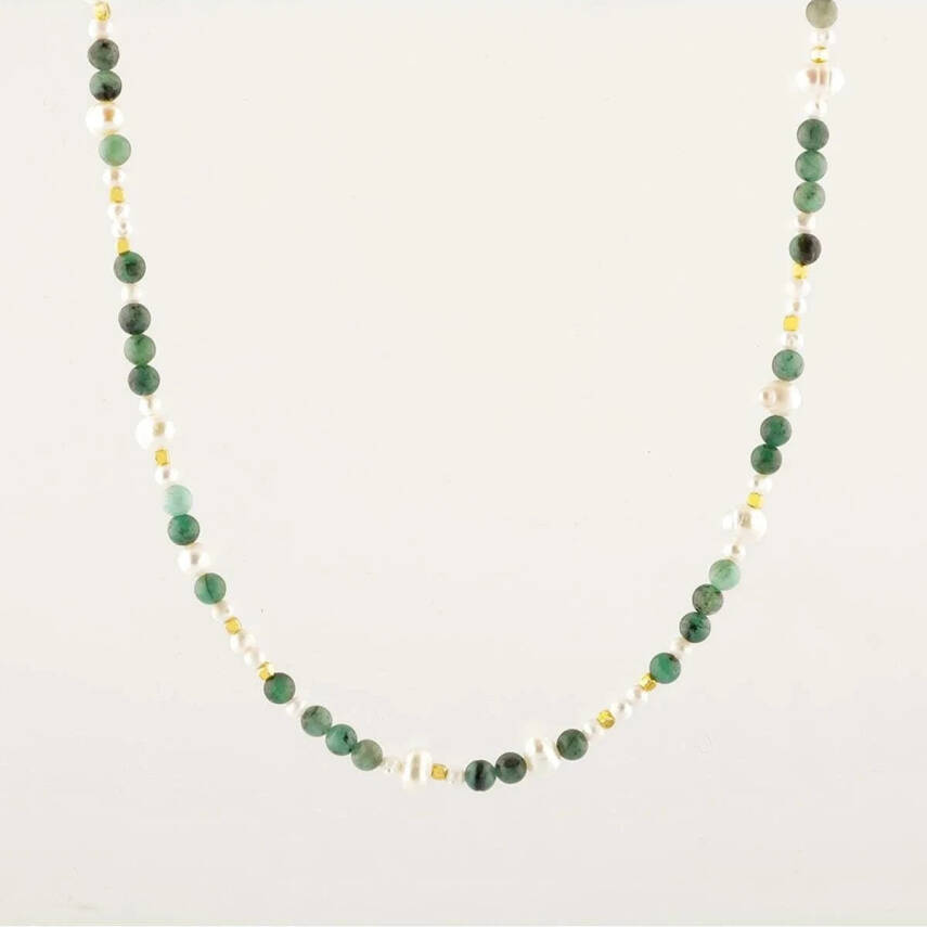 İnci-Zümrüt Doğal Taş Altın Kaplama Kapama Kolye - 2