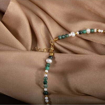 İnci-Zümrüt Doğal Taş Altın Kaplama Kapama Kolye - 3