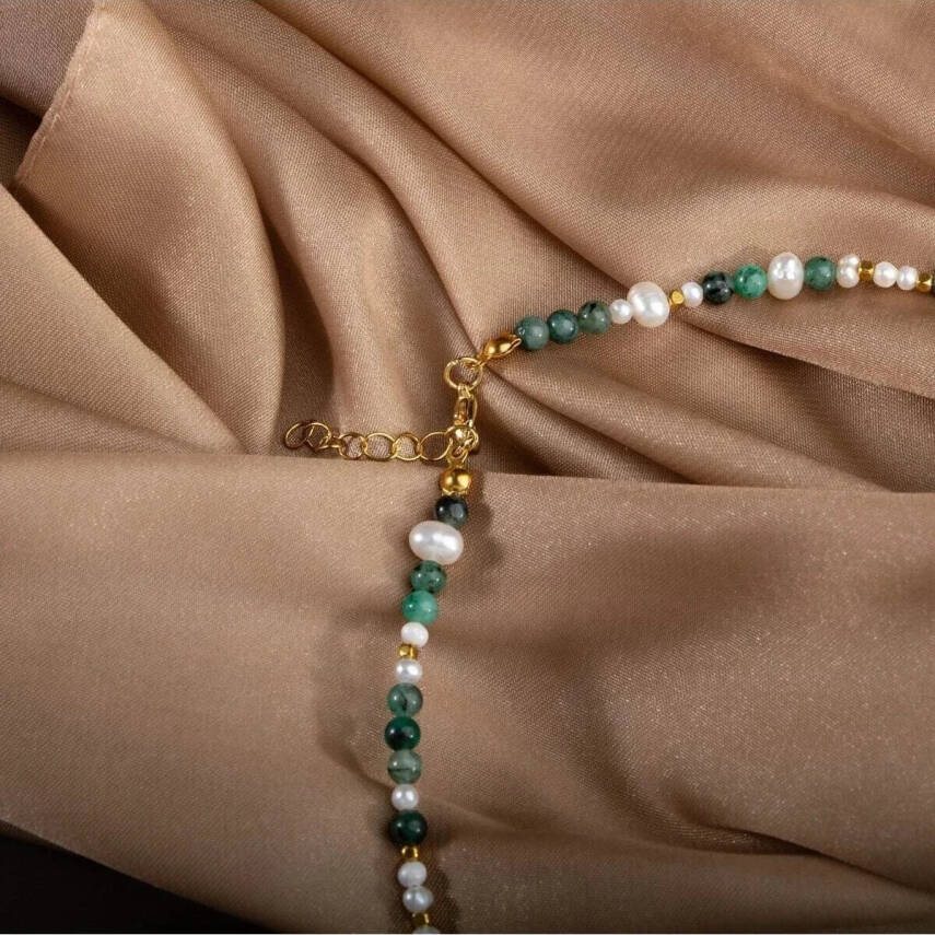 İnci-Zümrüt Doğal Taş Altın Kaplama Kapama Kolye - 3