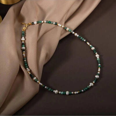 İnci-Zümrüt Doğal Taş Altın Kaplama Kapama Kolye - 5