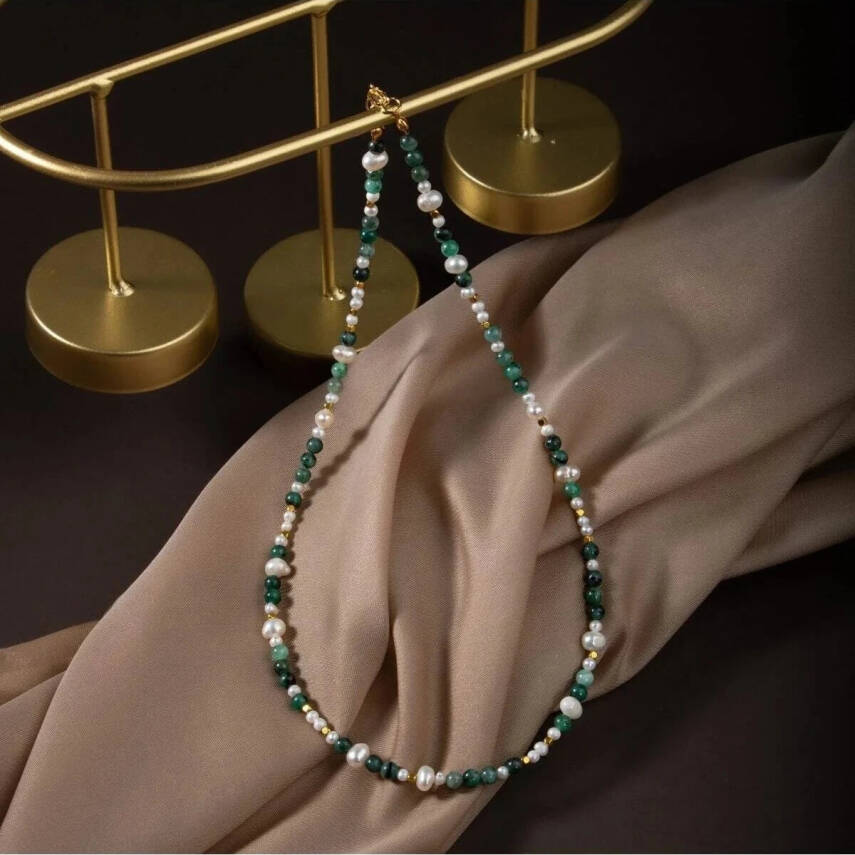 İnci-Zümrüt Doğal Taş Altın Kaplama Kapama Kolye - 6