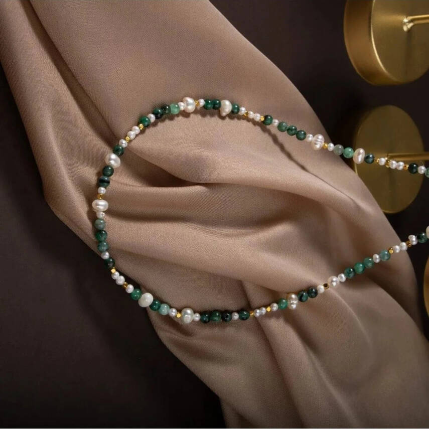 İnci-Zümrüt Doğal Taş Altın Kaplama Kapama Kolye - 7